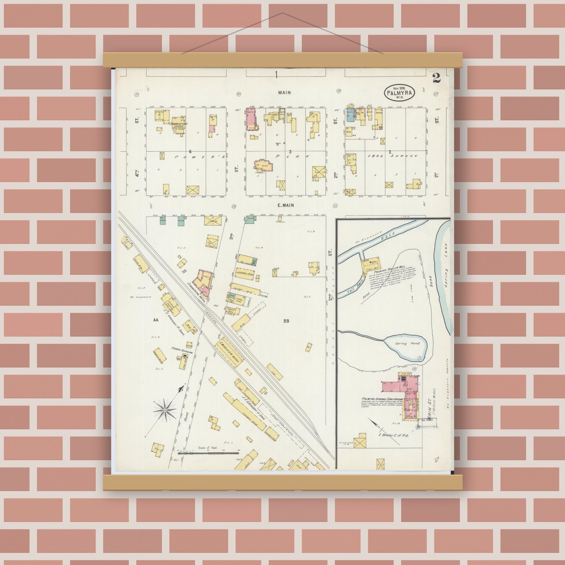 Old map wall art mockup — magnetic wood frame on brick wall — Sanborn Fire Insurance Map from Palmyra, Jefferson County, Wisconsin (1898), Sheet #0002