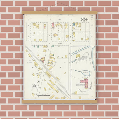 Old map wall art mockup — magnetic wood frame on brick wall — Sanborn Fire Insurance Map from Palmyra, Jefferson County, Wisconsin (1898), Sheet #0002