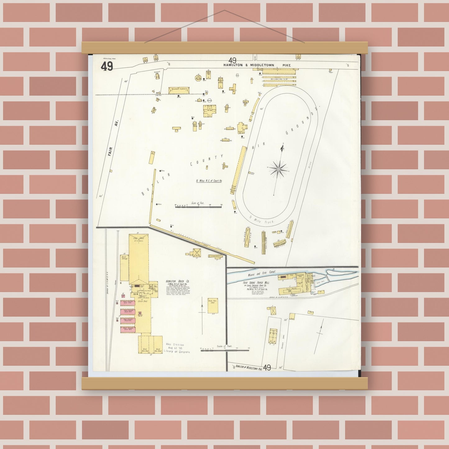 Old map wall art mockup — magnetic wood frame on brick wall — Sanborn Fire Insurance Map from Hamilton, Butler County, Ohio (1899), Sheet #0049
