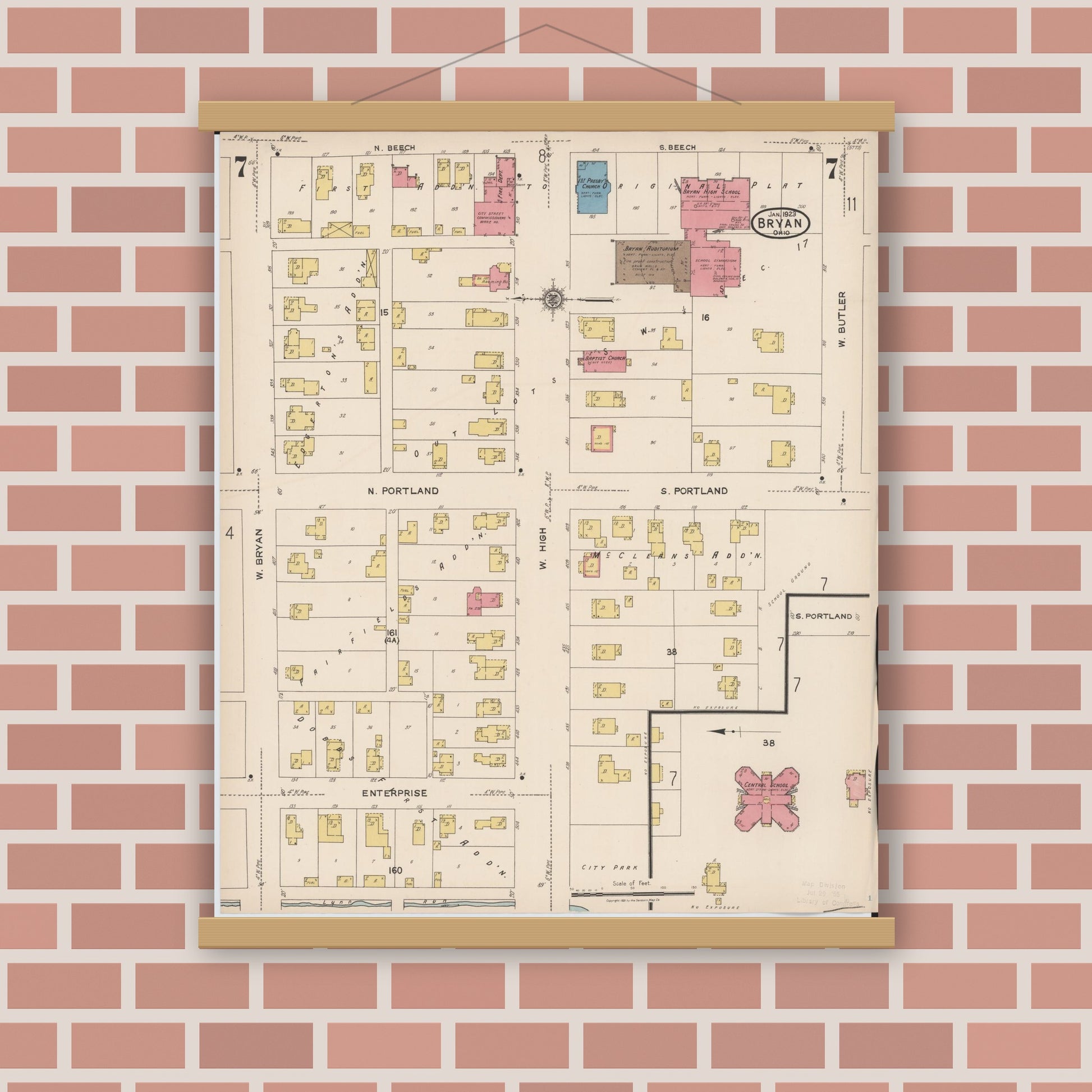 Old map wall art mockup — magnetic wood frame on brick wall — Sanborn Fire Insurance Map from Bryan, Williams County, Ohio (1923), Sheet #0007