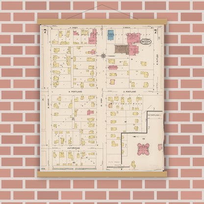 Old map wall art mockup — magnetic wood frame on brick wall — Sanborn Fire Insurance Map from Bryan, Williams County, Ohio (1923), Sheet #0007