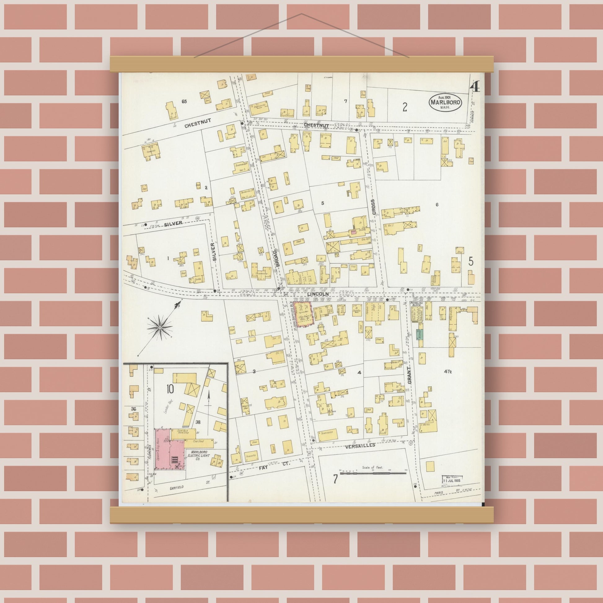 Old map wall art mockup — magnetic wood frame on brick wall — Sanborn Fire Insurance Map from Marlborough, Middlesex County, Massachusetts (1901), Sheet #0004