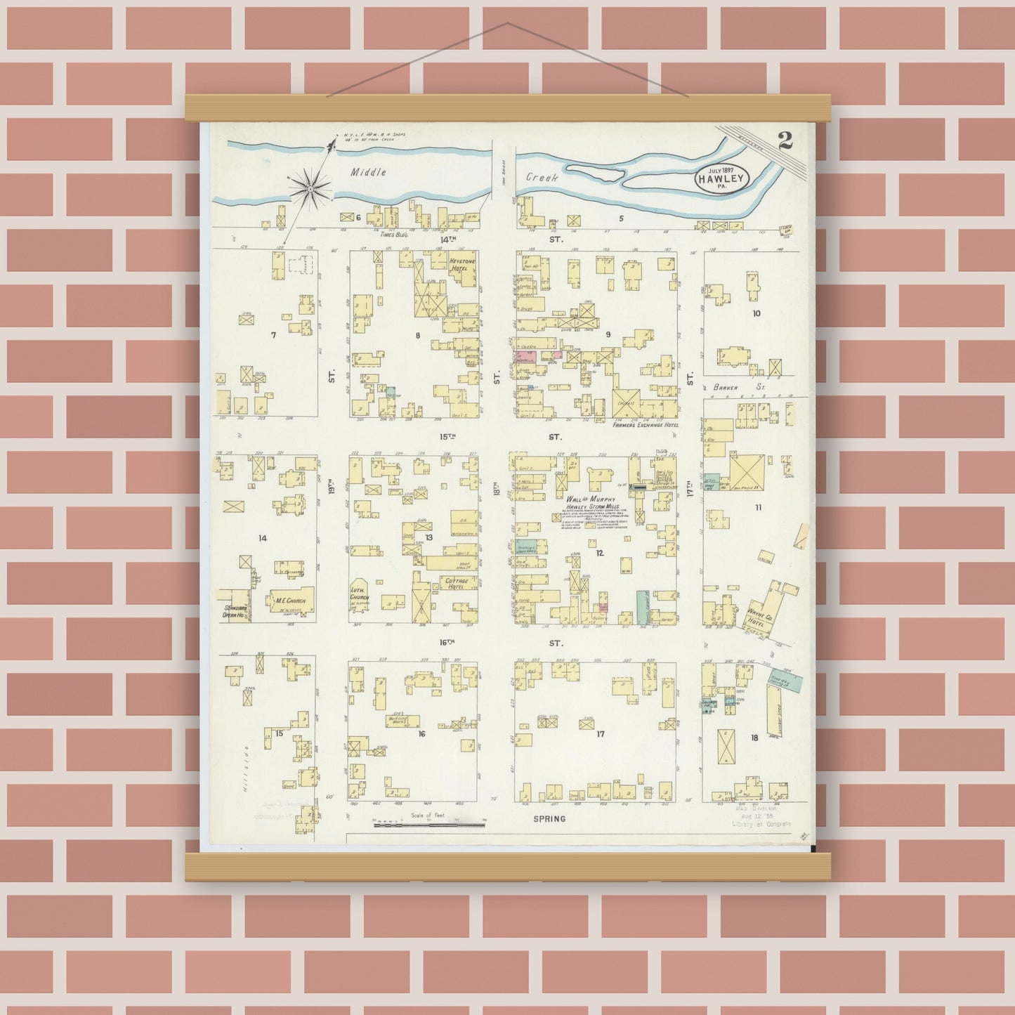 Old map wall art mockup — magnetic wood frame on brick wall — Sanborn Fire Insurance Map from Hawley, Wayne County, Pennsylvania (1897), Sheet #0002