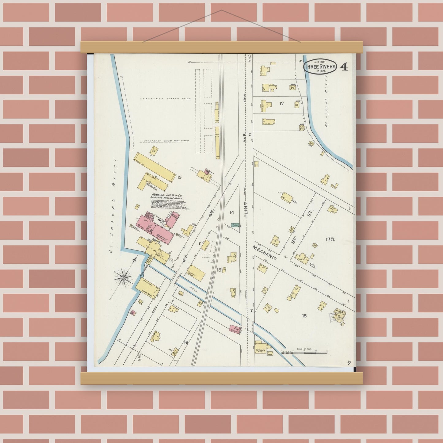 Old map wall art mockup — magnetic wood frame on brick wall — Sanborn Fire Insurance Map from Three Rivers, Saint Joseph County, Michigan (1893), Sheet #0004