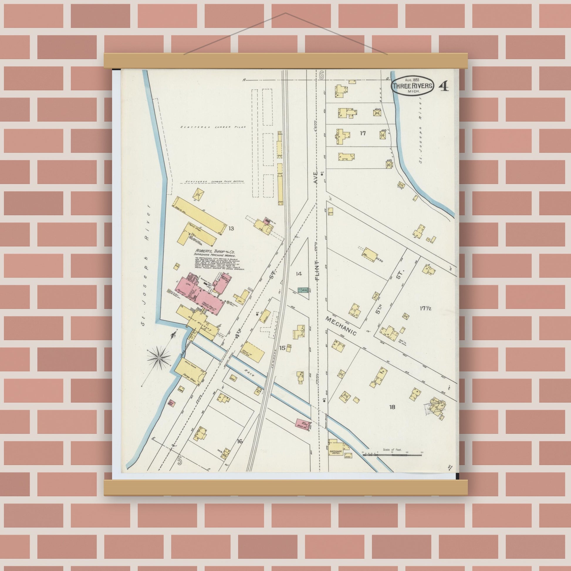 Old map wall art mockup — magnetic wood frame on brick wall — Sanborn Fire Insurance Map from Three Rivers, Saint Joseph County, Michigan (1893), Sheet #0004