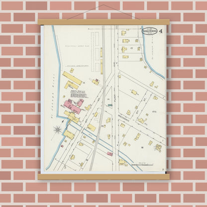 Old map wall art mockup — magnetic wood frame on brick wall — Sanborn Fire Insurance Map from Three Rivers, Saint Joseph County, Michigan (1893), Sheet #0004