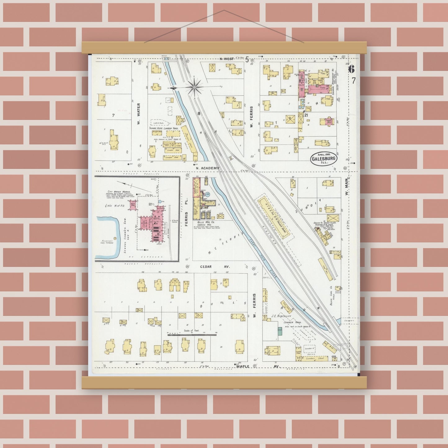 Old map wall art mockup — magnetic wood frame on brick wall — Sanborn Fire Insurance Map from Galesburg, Knox County, Illinois (1906), Sheet #0006