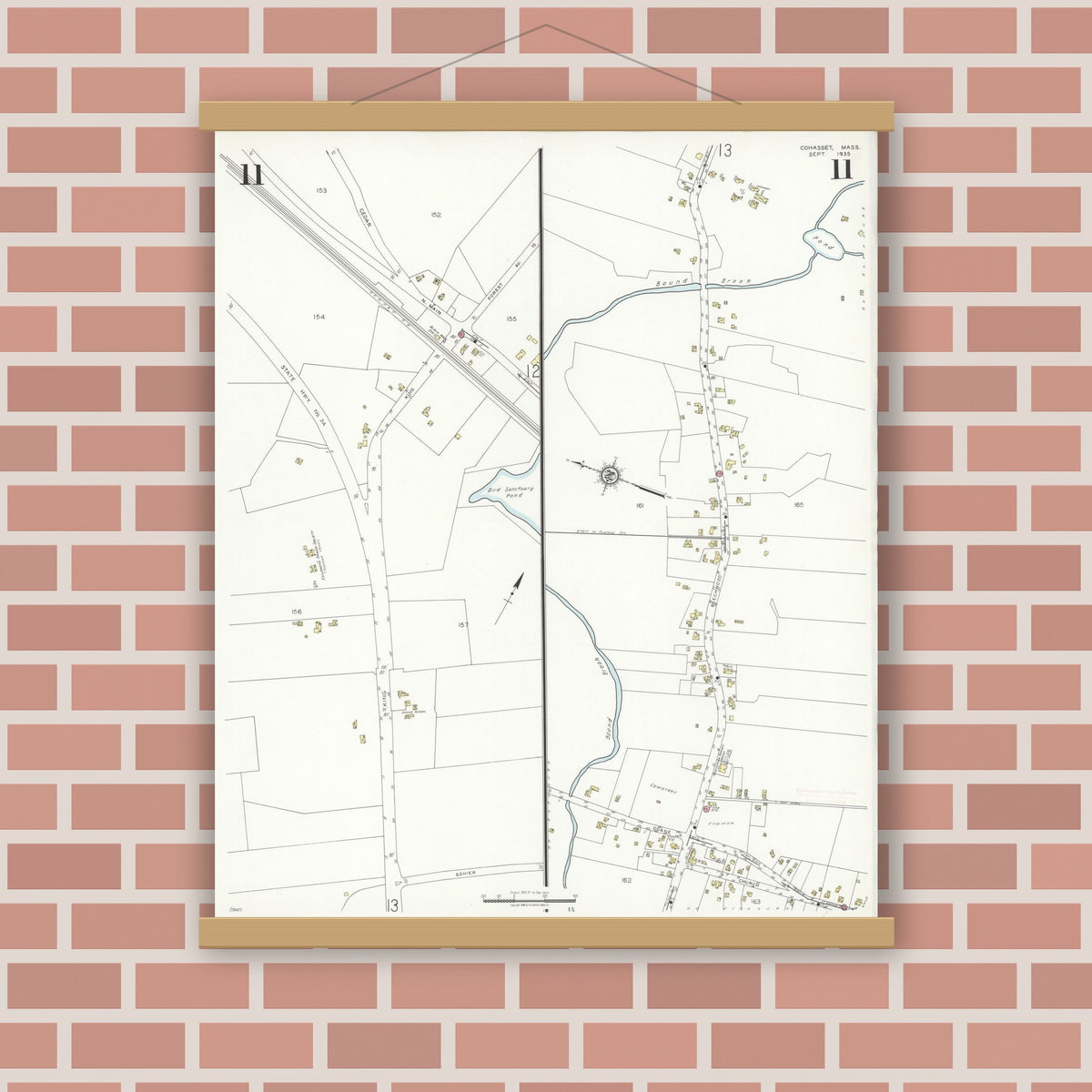 Old map wall art mockup — magnetic wood frame on brick wall — Sanborn Fire Insurance Map from Cohasset, Norfolk County, Massachusetts (1935), Sheet #0011