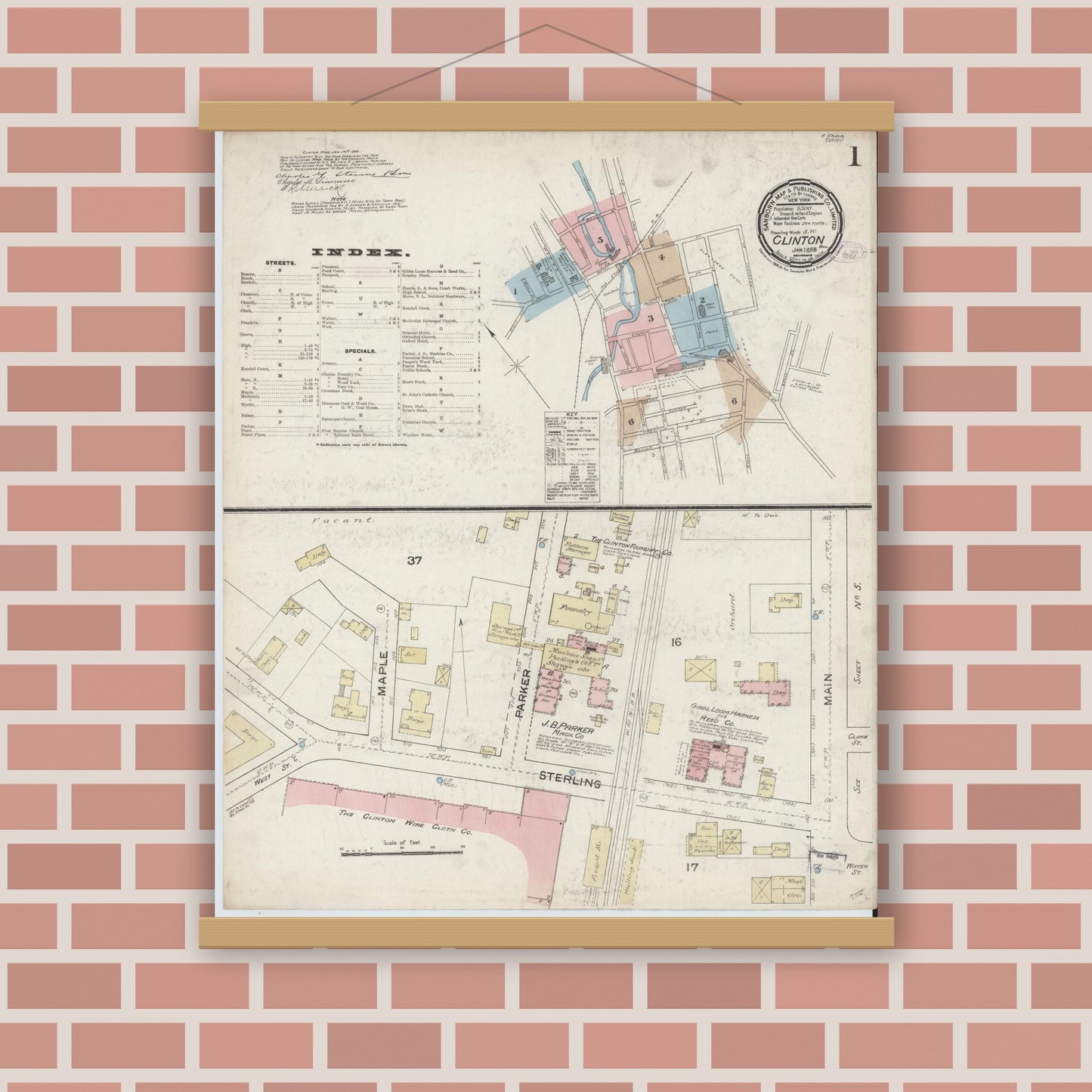 Old map wall art mockup — magnetic wood frame on brick wall — Sanborn Fire Insurance Map from Clinton, Worcester County, Massachusetts (1888) - Complete Map Set