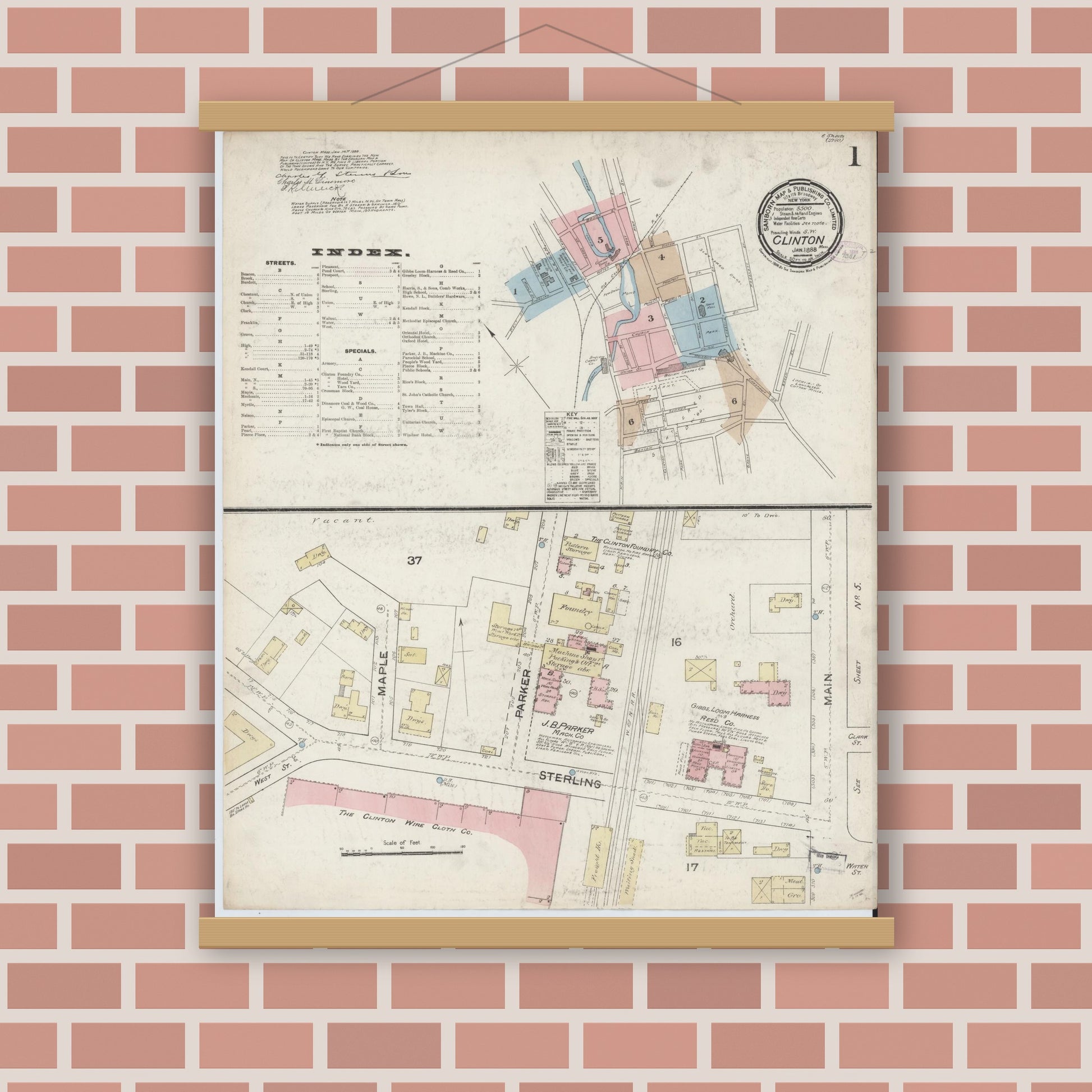 Old map wall art mockup — magnetic wood frame on brick wall — Sanborn Fire Insurance Map from Clinton, Worcester County, Massachusetts (1888) - Complete Map Set