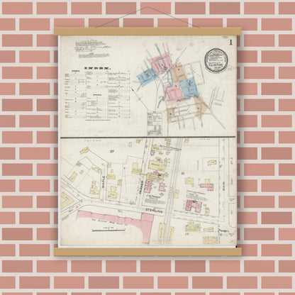 Old map wall art mockup — magnetic wood frame on brick wall — Sanborn Fire Insurance Map from Clinton, Worcester County, Massachusetts (1888) - Complete Map Set