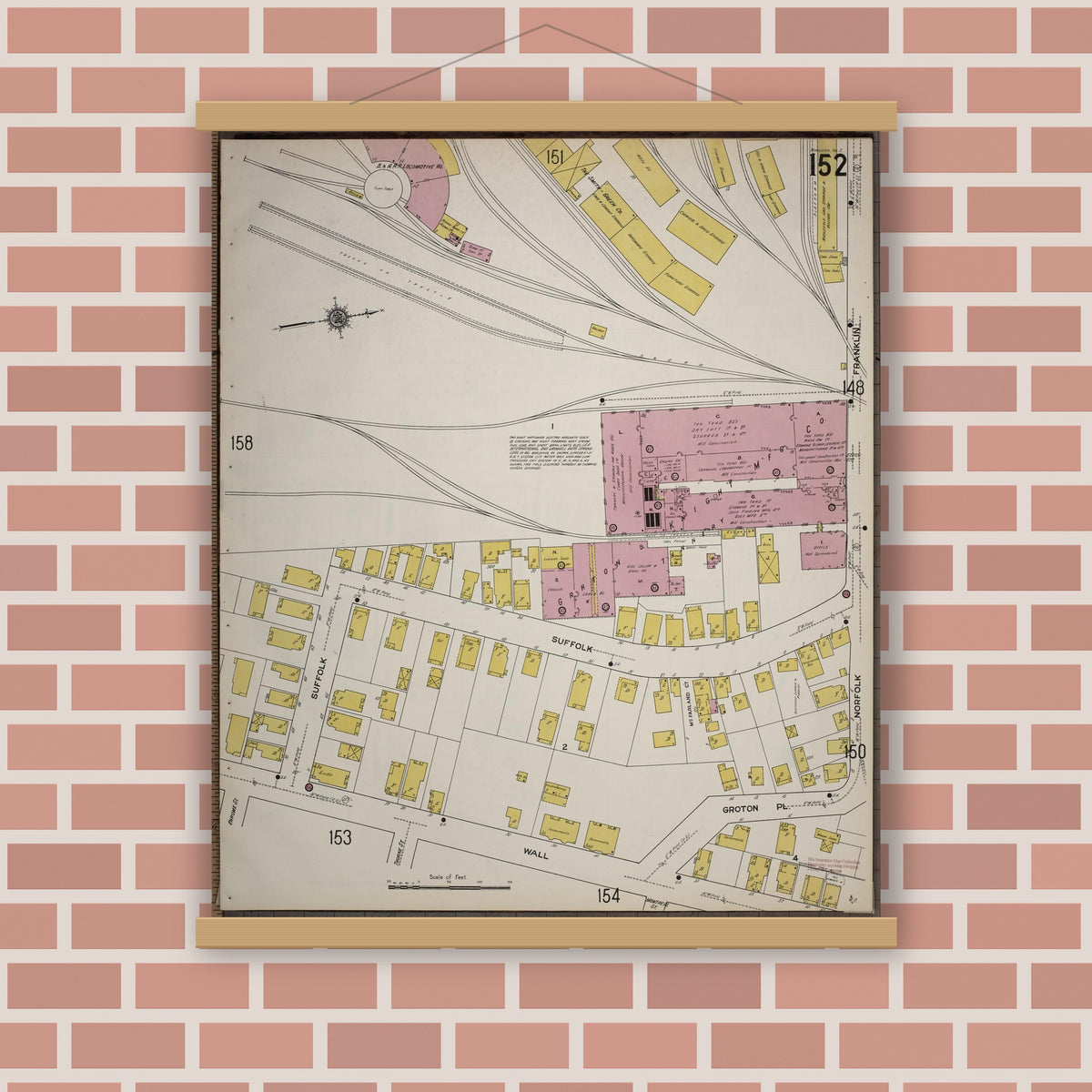 Old map wall art mockup — magnetic wood frame on brick wall — Sanborn Fire Insurance Map from Worcester, Worcester County, Massachusetts (1910), Sheet #0152