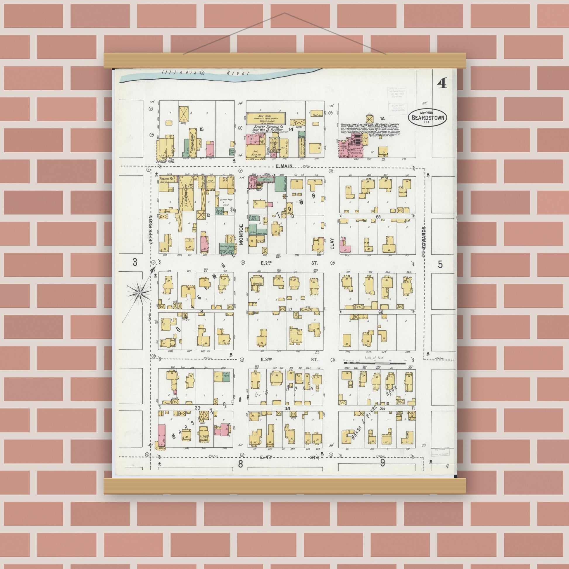 Old map wall art mockup — magnetic wood frame on brick wall — Sanborn Fire Insurance Map from Beardstown, Cass County, Illinois (1900), Sheet #0004