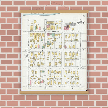 Old map wall art mockup — magnetic wood frame on brick wall — Sanborn Fire Insurance Map from Beardstown, Cass County, Illinois (1900), Sheet #0004