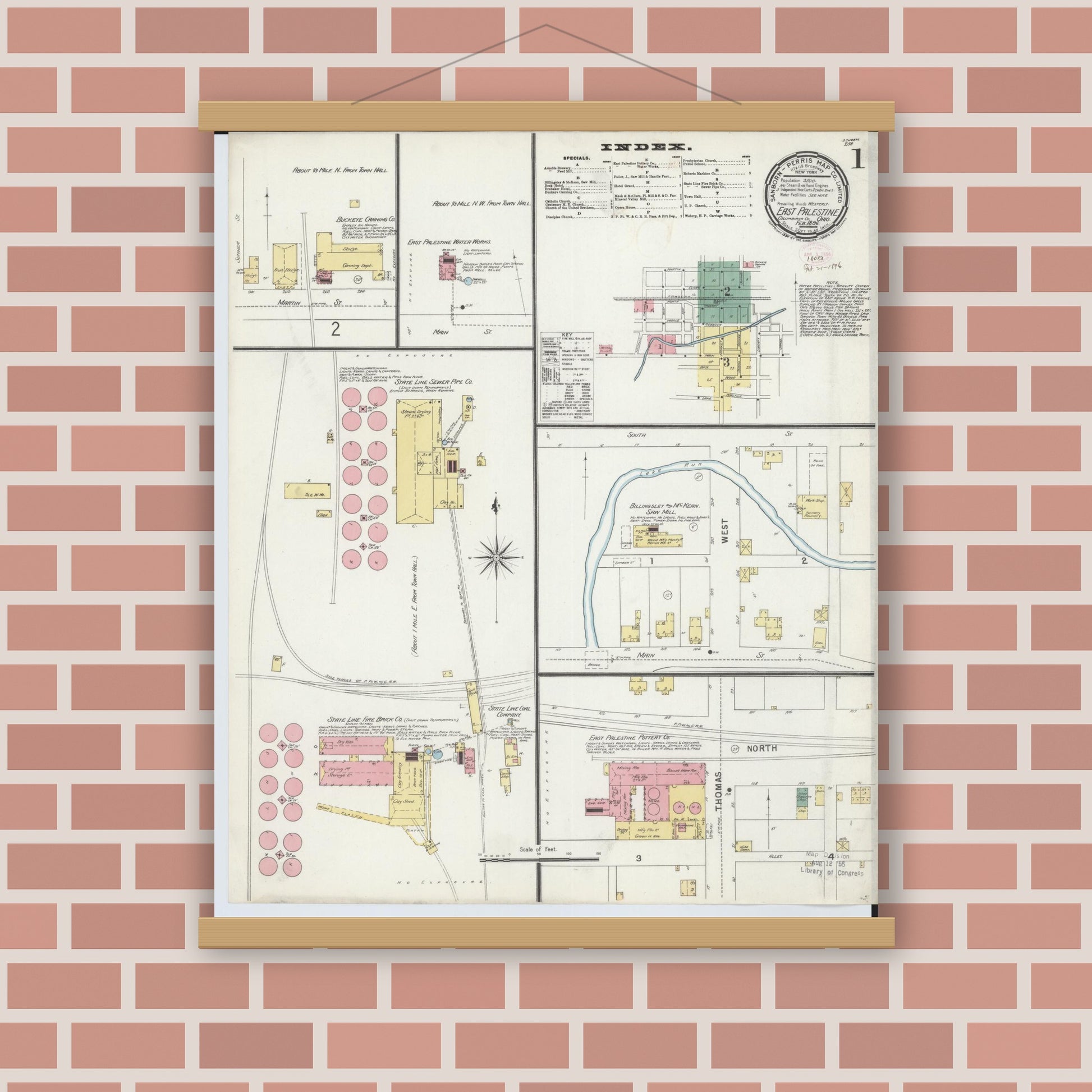 Old map wall art mockup — magnetic wood frame on brick wall — Sanborn Fire Insurance Map from East Palestine, Columbiana County, Ohio (1896), Sheet #0001