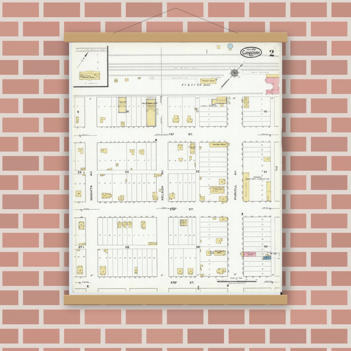 Old map wall art mockup — magnetic wood frame on brick wall — Sanborn Fire Insurance Map from Canadian, Hemphill County, Texas (1920), Sheet #0002