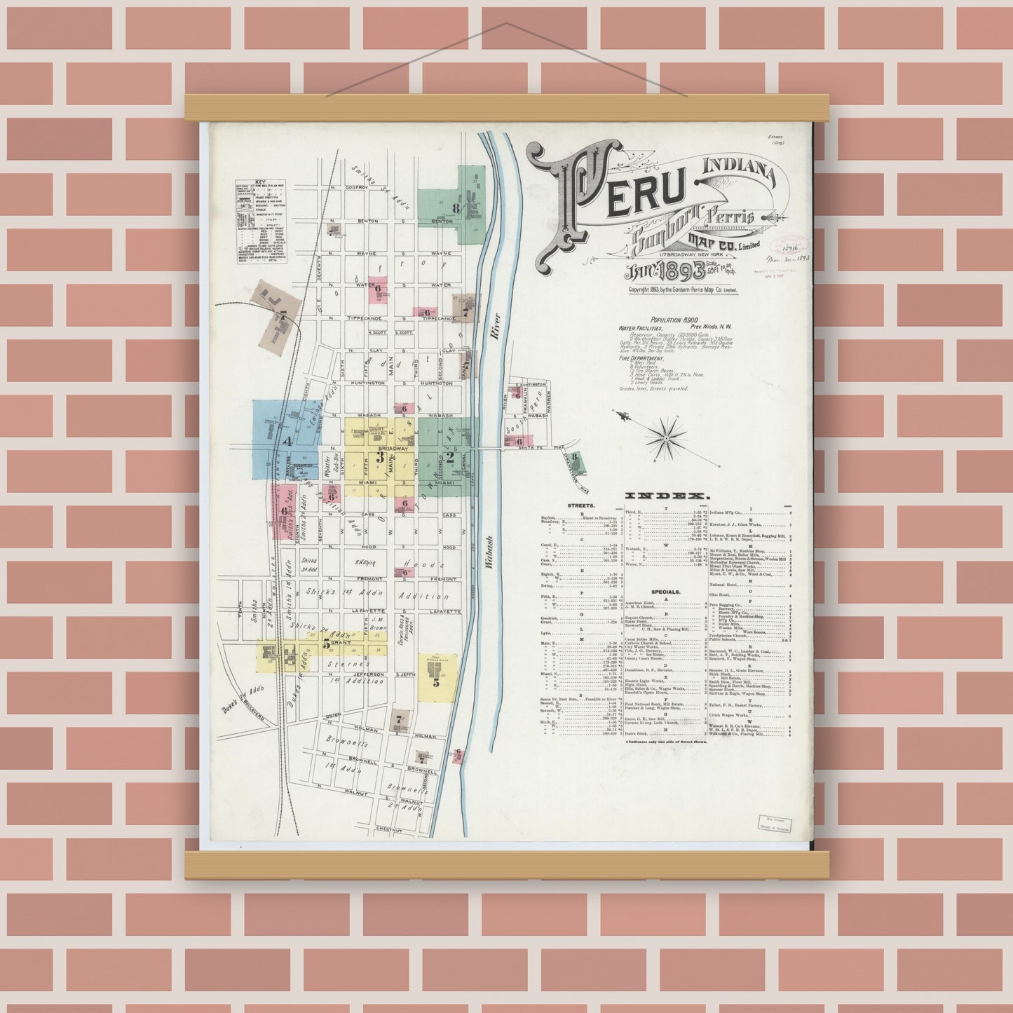 Old map wall art mockup — magnetic wood frame on brick wall — Sanborn Fire Insurance Map from Peru, Miami County, Indiana (1893) - Complete Map Set