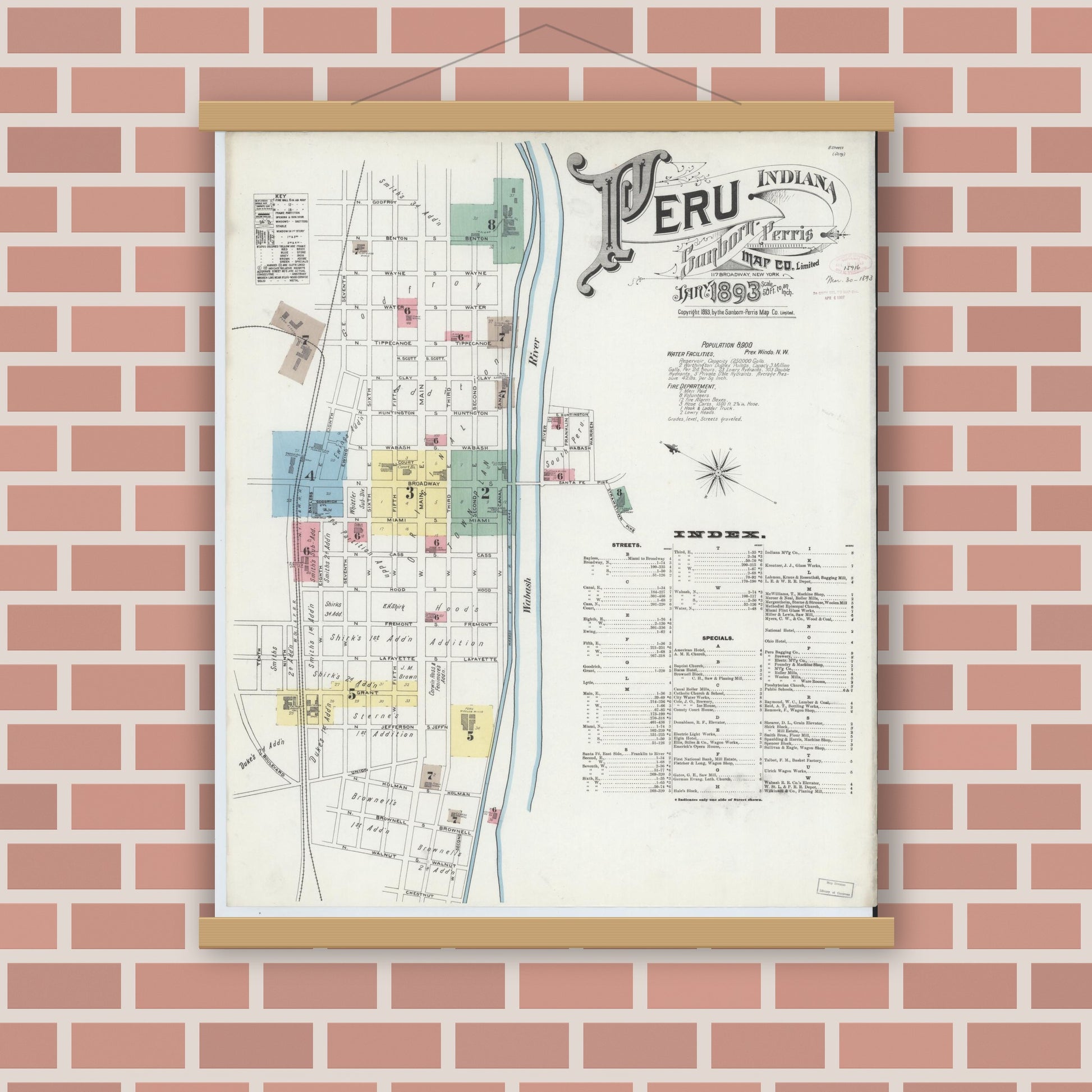 Old map wall art mockup — magnetic wood frame on brick wall — Sanborn Fire Insurance Map from Peru, Miami County, Indiana (1893) - Complete Map Set