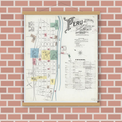 Old map wall art mockup — magnetic wood frame on brick wall — Sanborn Fire Insurance Map from Peru, Miami County, Indiana (1893) - Complete Map Set