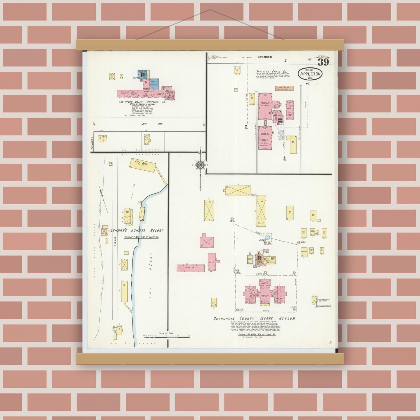 Old map wall art mockup — magnetic wood frame on brick wall — Sanborn Fire Insurance Map from Appleton, Outagamie County, Wisconsin (1911), Sheet #0039