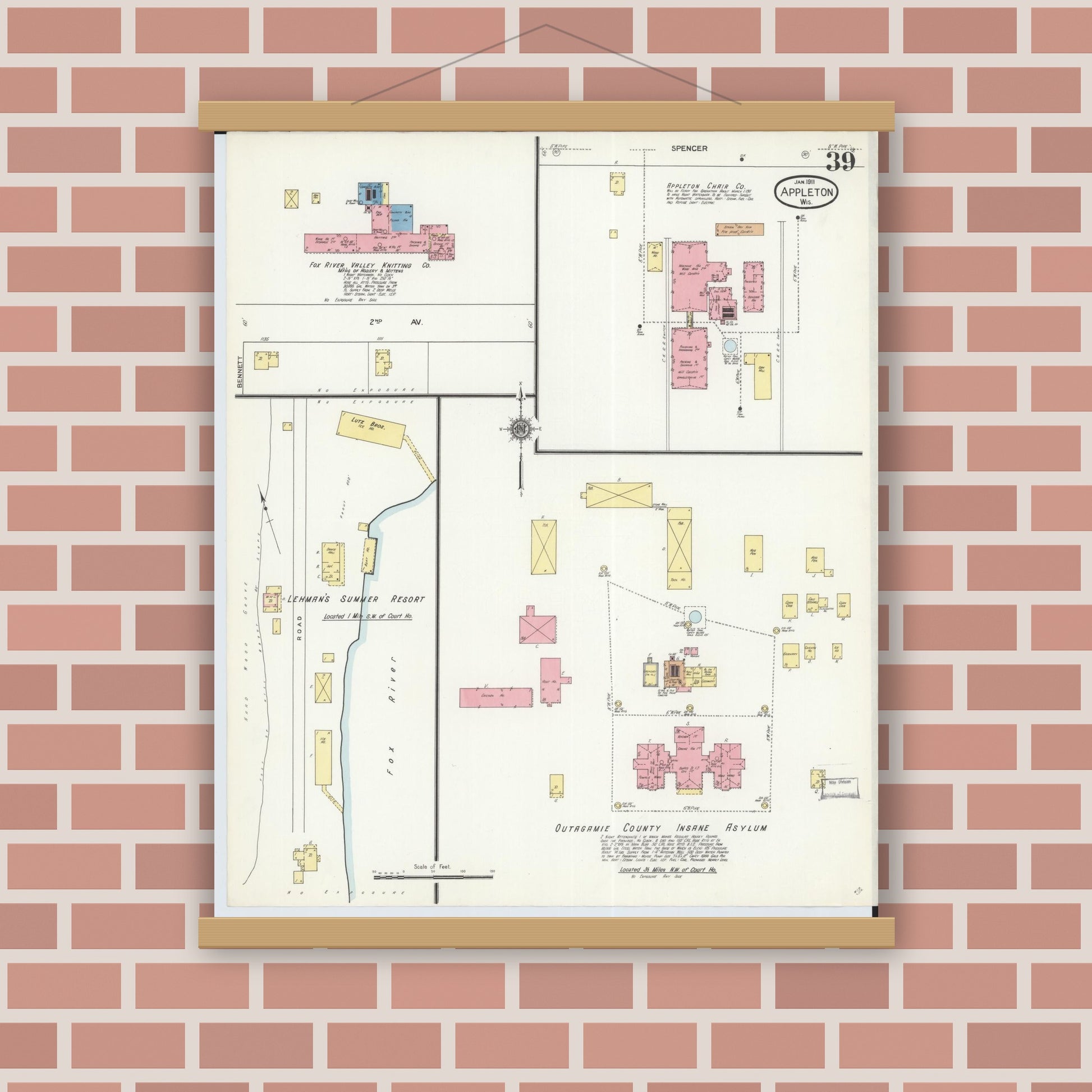 Old map wall art mockup — magnetic wood frame on brick wall — Sanborn Fire Insurance Map from Appleton, Outagamie County, Wisconsin (1911), Sheet #0039