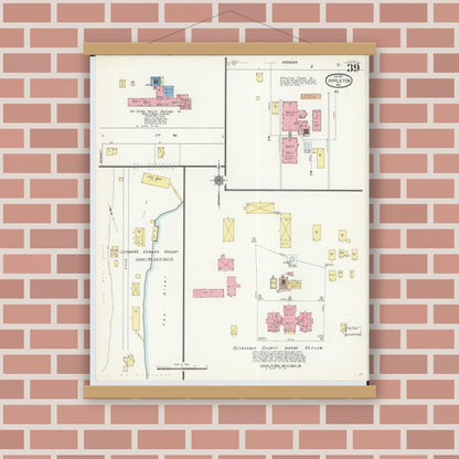Old map wall art mockup — magnetic wood frame on brick wall — Sanborn Fire Insurance Map from Appleton, Outagamie County, Wisconsin (1911), Sheet #0039