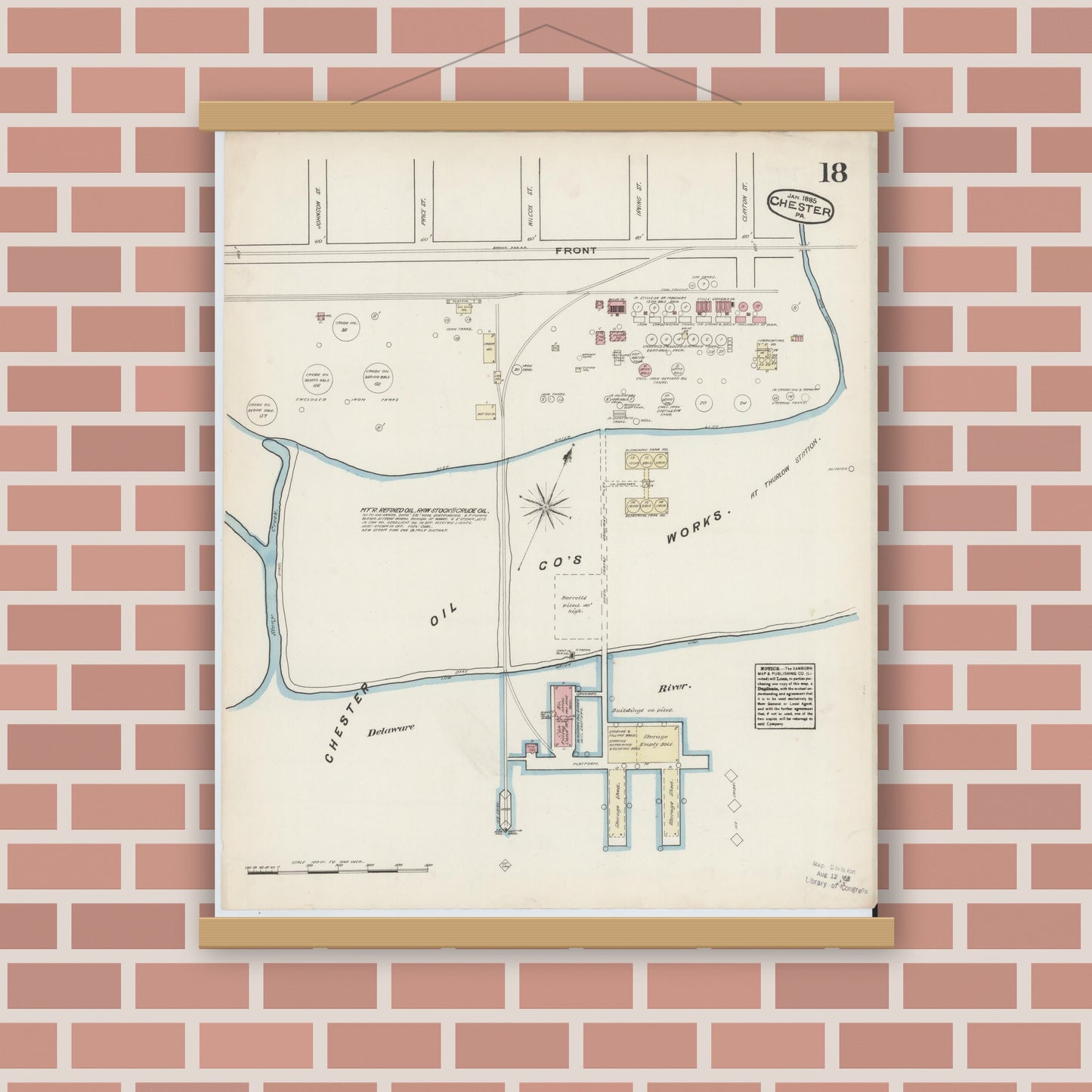 Old map wall art mockup — magnetic wood frame on brick wall — Sanborn Fire Insurance Map from Chester, Delaware County, Pennsylvania (1885), Sheet #0018