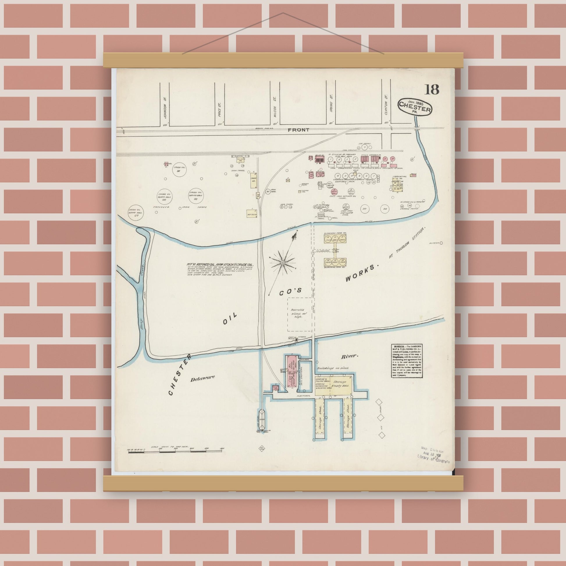Old map wall art mockup — magnetic wood frame on brick wall — Sanborn Fire Insurance Map from Chester, Delaware County, Pennsylvania (1885), Sheet #0018