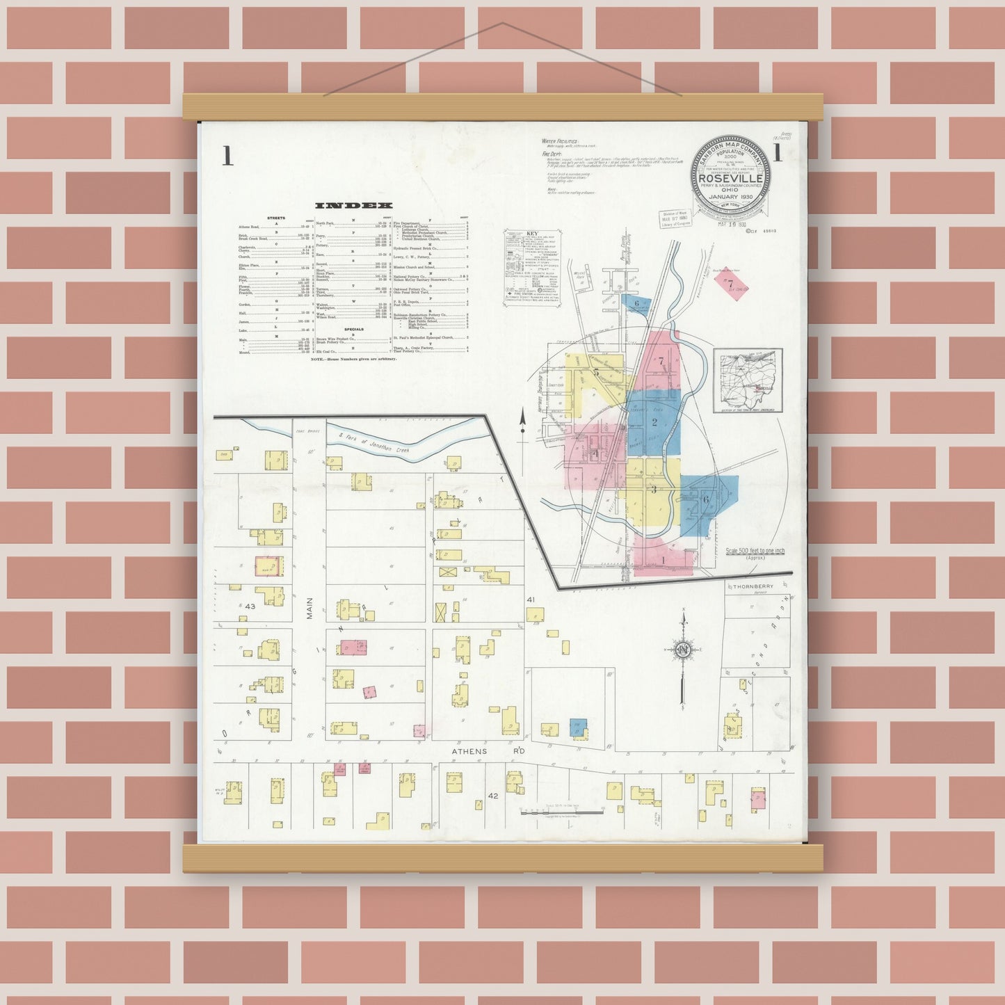 Old map wall art mockup — magnetic wood frame on brick wall — Sanborn Fire Insurance Map from Roseville, Perry And Muskingum Counties, Ohio (1930) - Complete Map Set