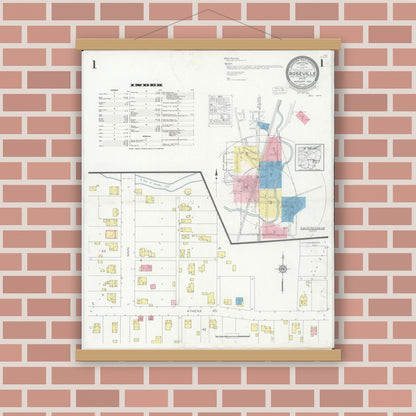 Old map wall art mockup — magnetic wood frame on brick wall — Sanborn Fire Insurance Map from Roseville, Perry And Muskingum Counties, Ohio (1930) - Complete Map Set