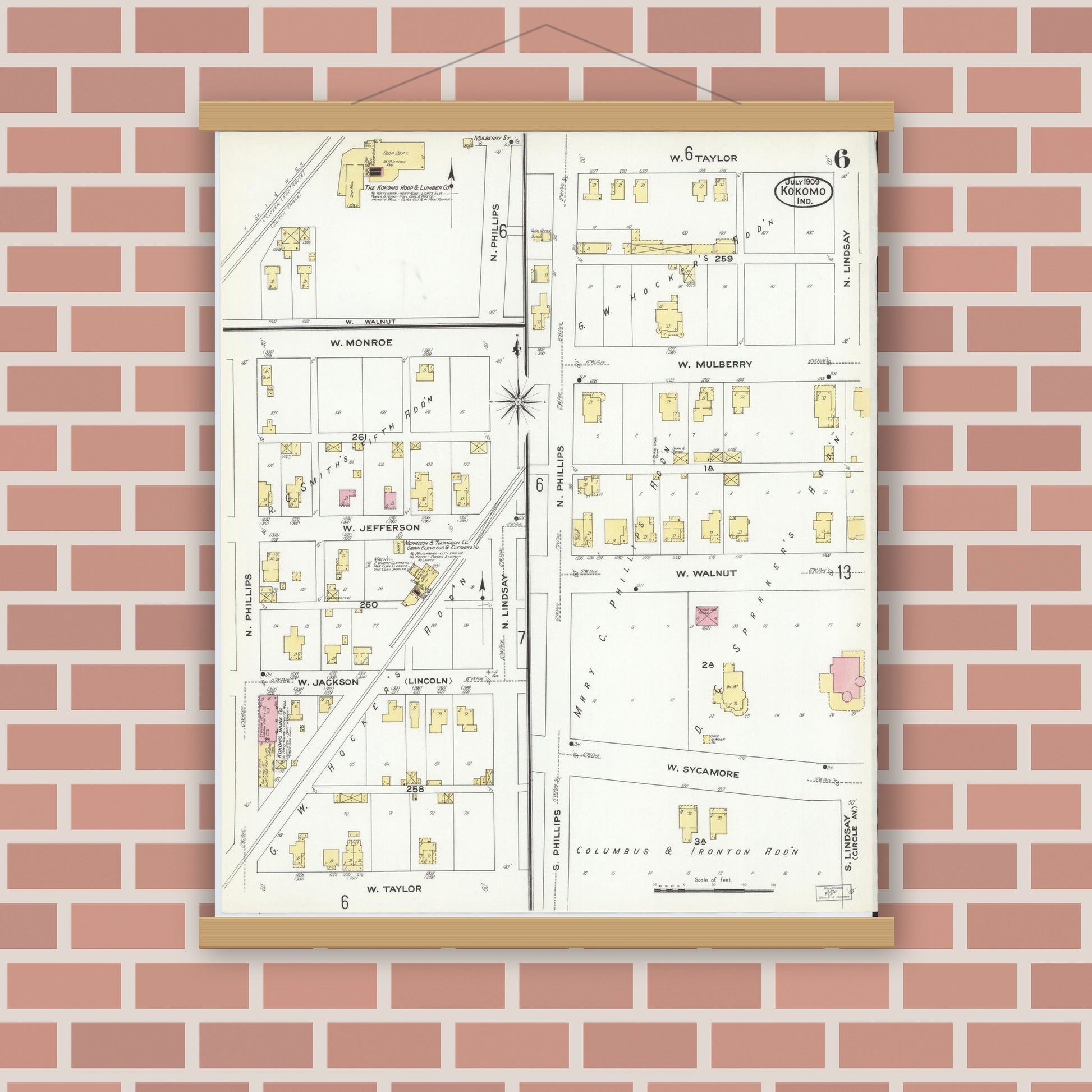 Old map wall art mockup — magnetic wood frame on brick wall — Sanborn Fire Insurance Map from Kokomo, Howard County, Indiana (1909), Sheet #0006