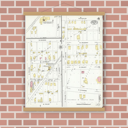 Old map wall art mockup — magnetic wood frame on brick wall — Sanborn Fire Insurance Map from Kokomo, Howard County, Indiana (1909), Sheet #0006