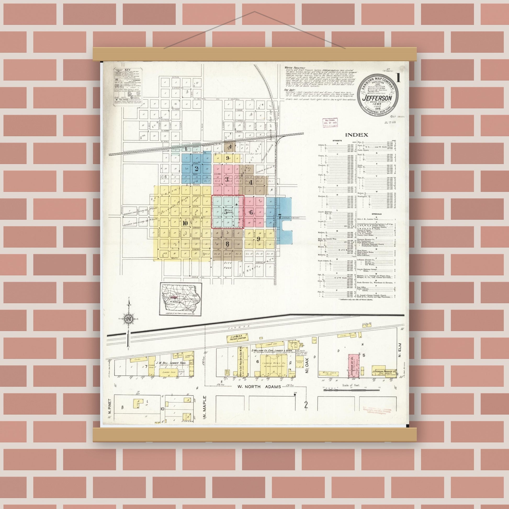 Old map wall art mockup — magnetic wood frame on brick wall — Sanborn Fire Insurance Map from Jefferson, Greene County, Iowa (1915) â€” Complete Set