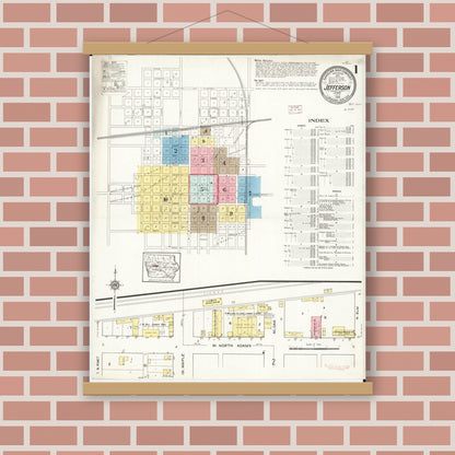 Old map wall art mockup — magnetic wood frame on brick wall — Sanborn Fire Insurance Map from Jefferson, Greene County, Iowa (1915) â€” Complete Set