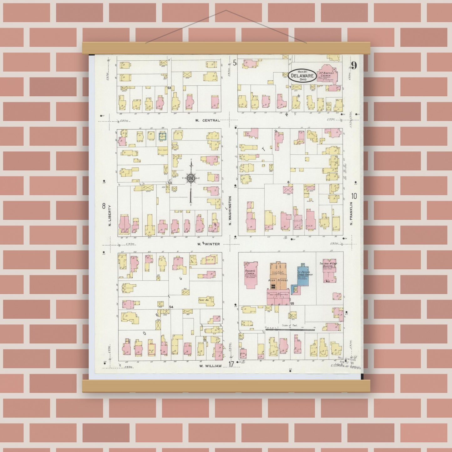 Old map wall art mockup — magnetic wood frame on brick wall — Sanborn Fire Insurance Map from Delaware, Delaware County, Ohio (1911), Sheet #0009