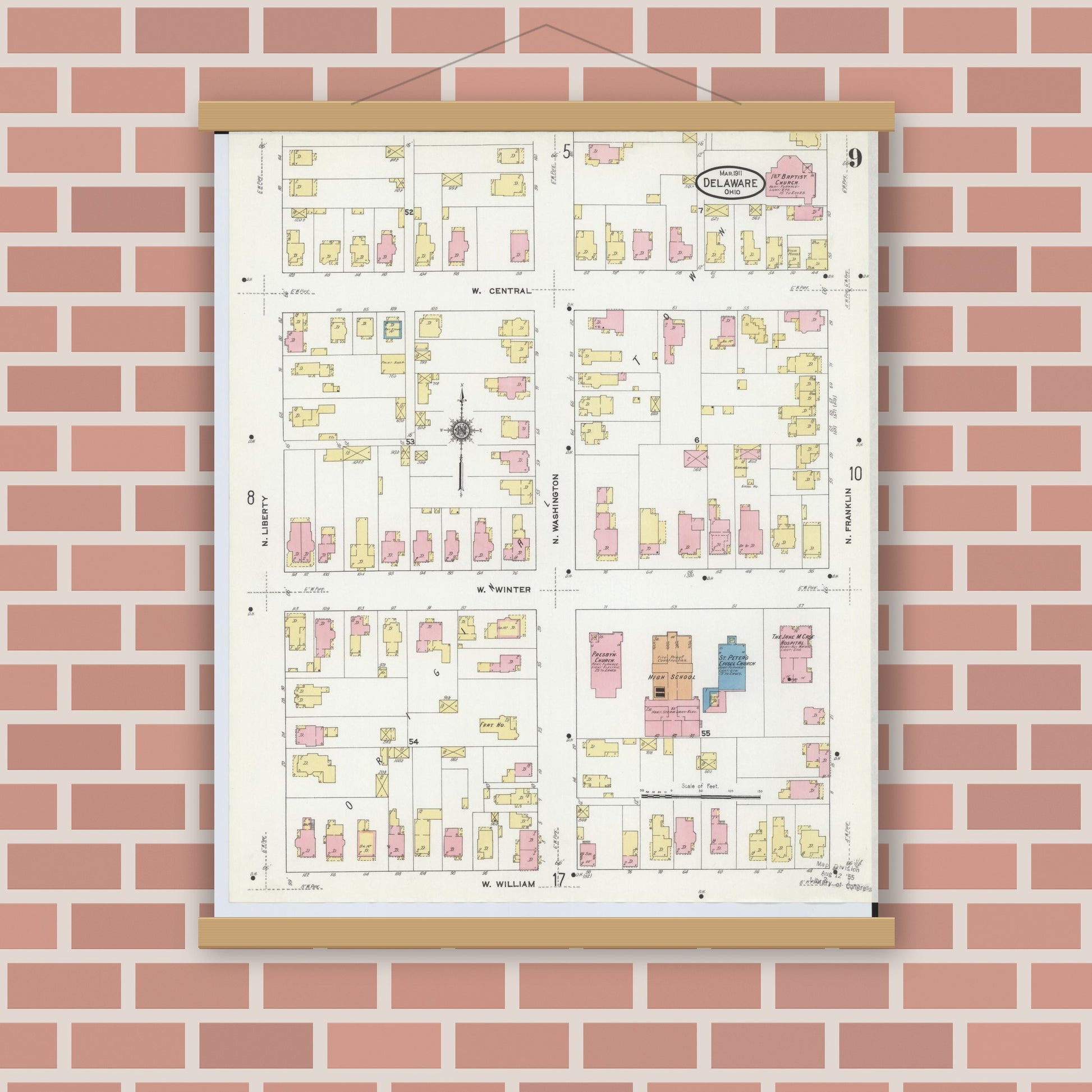Old map wall art mockup — magnetic wood frame on brick wall — Sanborn Fire Insurance Map from Delaware, Delaware County, Ohio (1911), Sheet #0009
