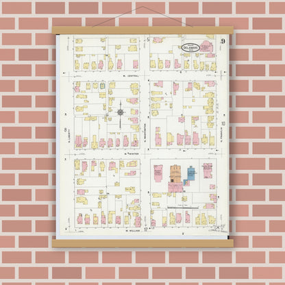 Old map wall art mockup — magnetic wood frame on brick wall — Sanborn Fire Insurance Map from Delaware, Delaware County, Ohio (1911), Sheet #0009
