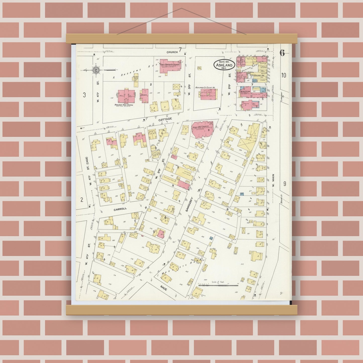 Old map wall art mockup — magnetic wood frame on brick wall — Sanborn Fire Insurance Map from Ashland, Ashland County, Ohio (1911), Sheet #0006