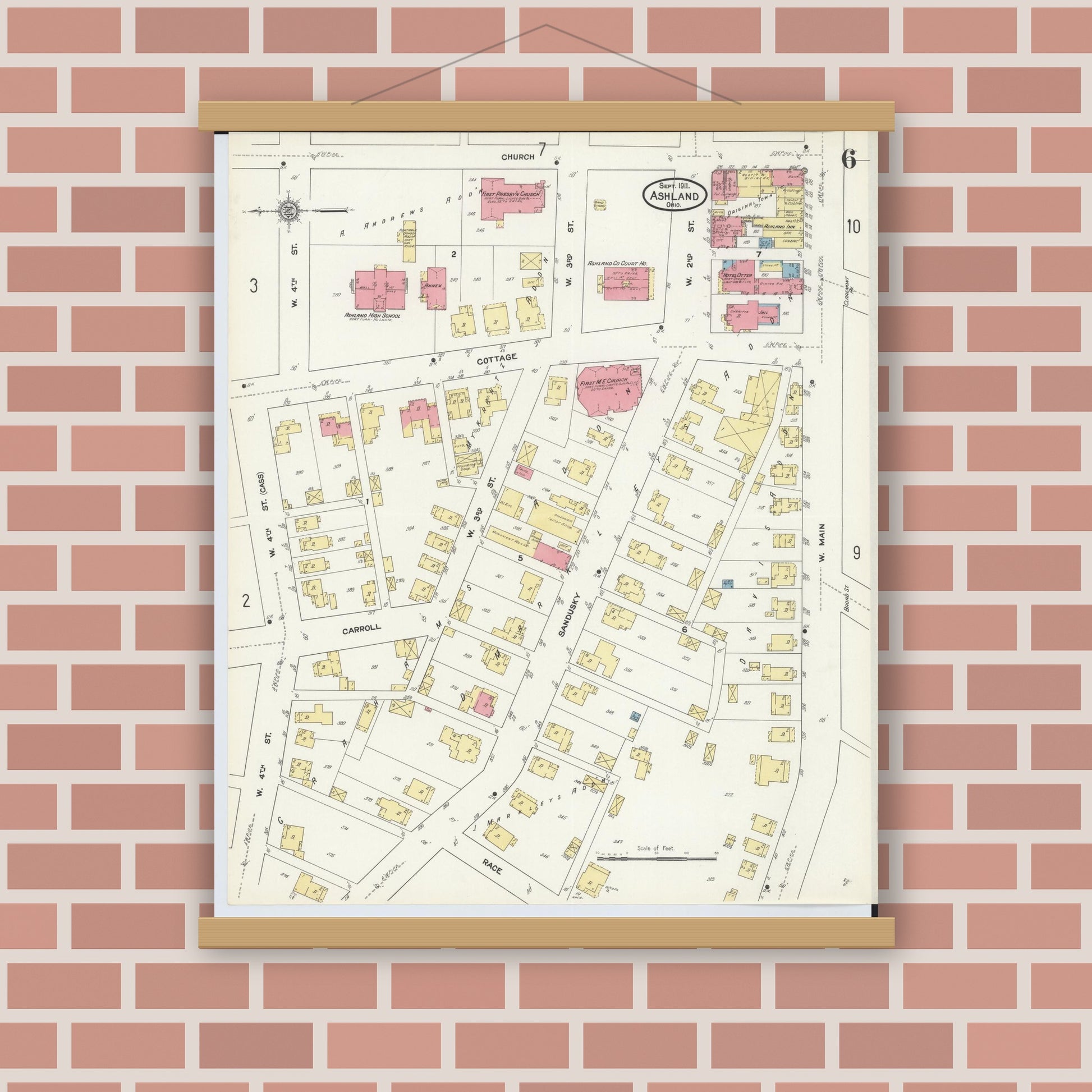Old map wall art mockup — magnetic wood frame on brick wall — Sanborn Fire Insurance Map from Ashland, Ashland County, Ohio (1911), Sheet #0006