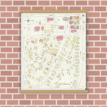 Old map wall art mockup — magnetic wood frame on brick wall — Sanborn Fire Insurance Map from Ashland, Ashland County, Ohio (1911), Sheet #0006