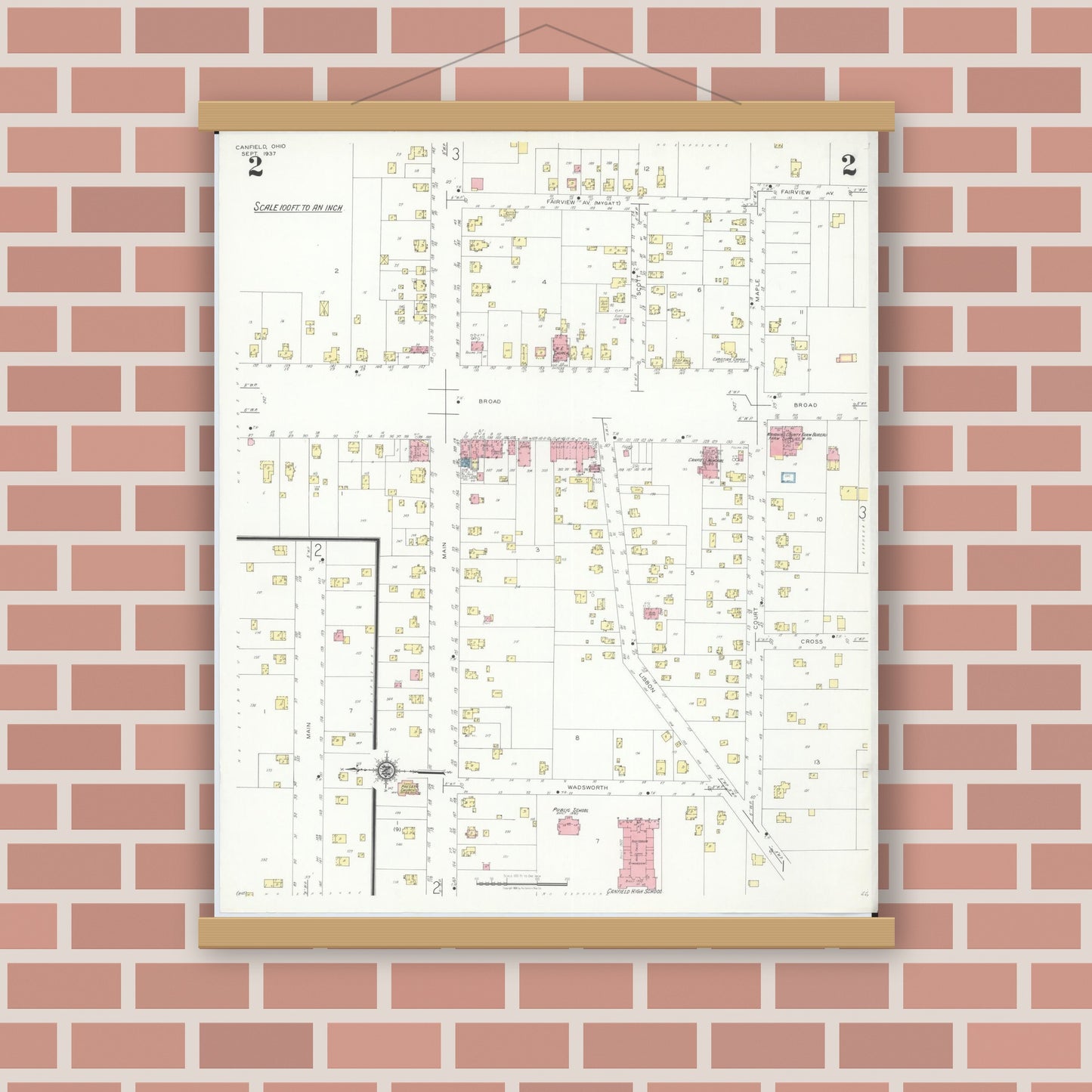 Old map wall art mockup — magnetic wood frame on brick wall — Sanborn Fire Insurance Map from Canfield, Mahoning County, Ohio (1937), Sheet #0002