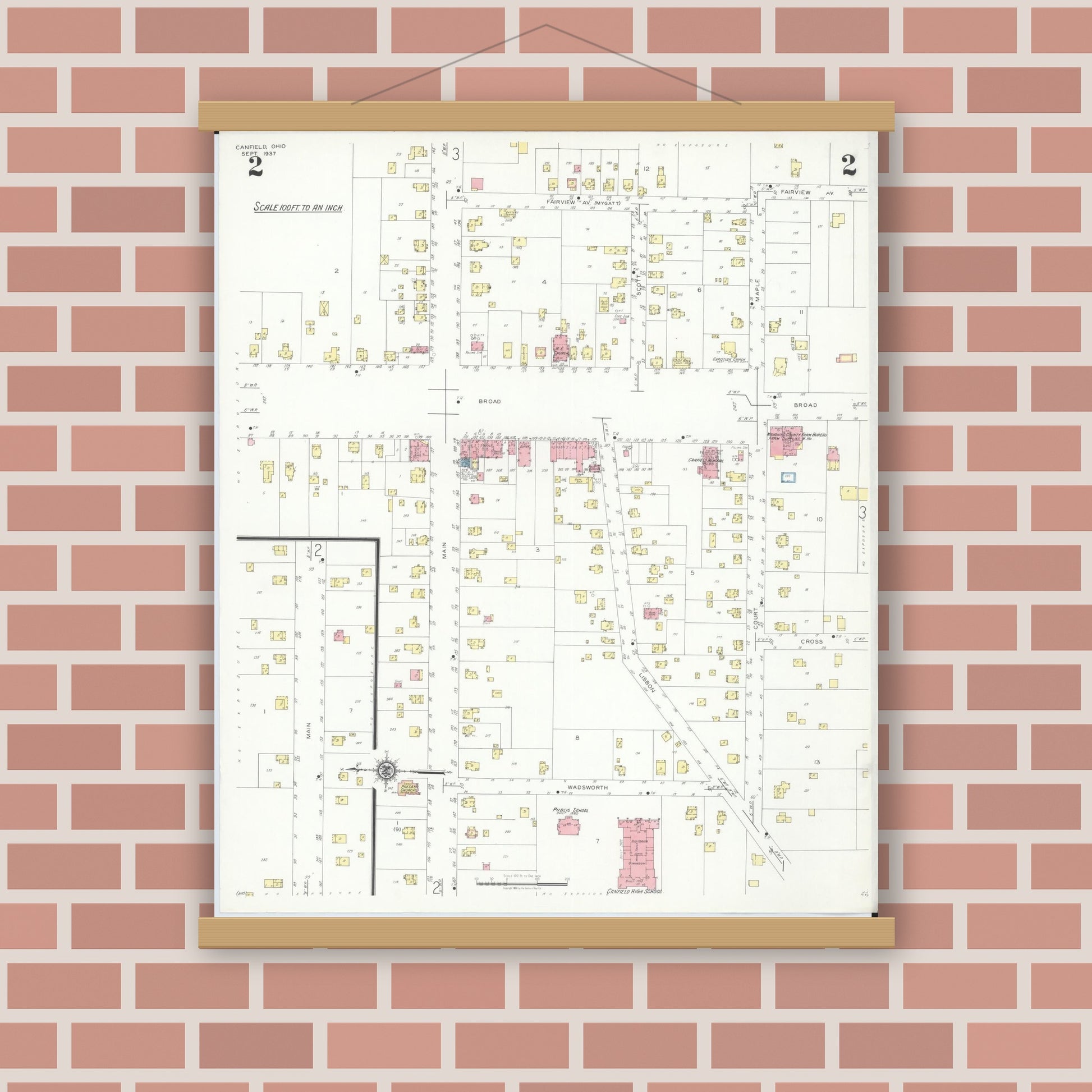 Old map wall art mockup — magnetic wood frame on brick wall — Sanborn Fire Insurance Map from Canfield, Mahoning County, Ohio (1937), Sheet #0002