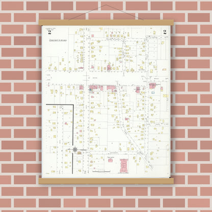 Old map wall art mockup — magnetic wood frame on brick wall — Sanborn Fire Insurance Map from Canfield, Mahoning County, Ohio (1937), Sheet #0002
