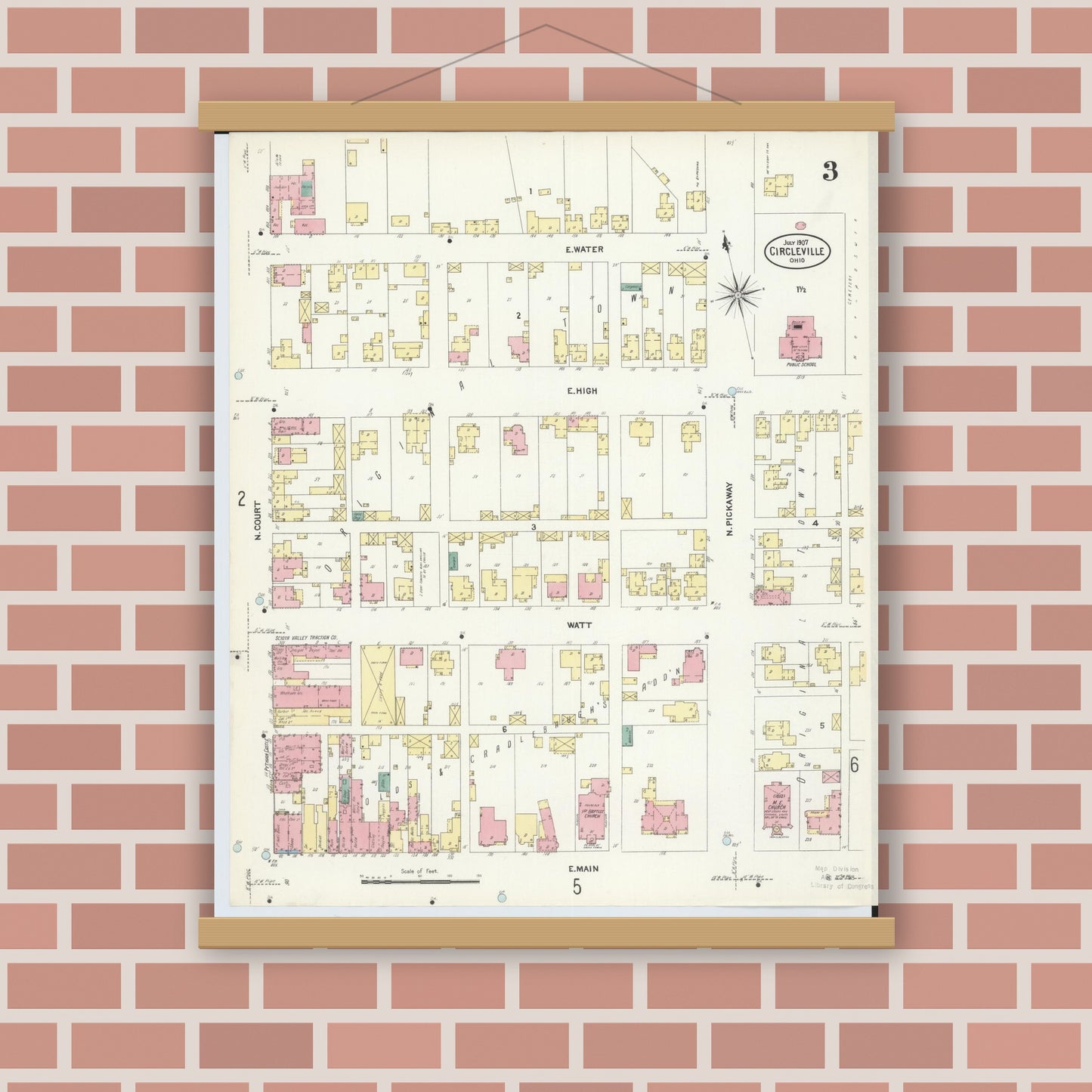Old map wall art mockup — magnetic wood frame on brick wall — Sanborn Fire Insurance Map from Circleville, Pickaway County, Ohio (1907), Sheet #0003