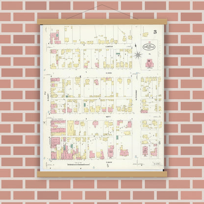 Old map wall art mockup — magnetic wood frame on brick wall — Sanborn Fire Insurance Map from Circleville, Pickaway County, Ohio (1907), Sheet #0003