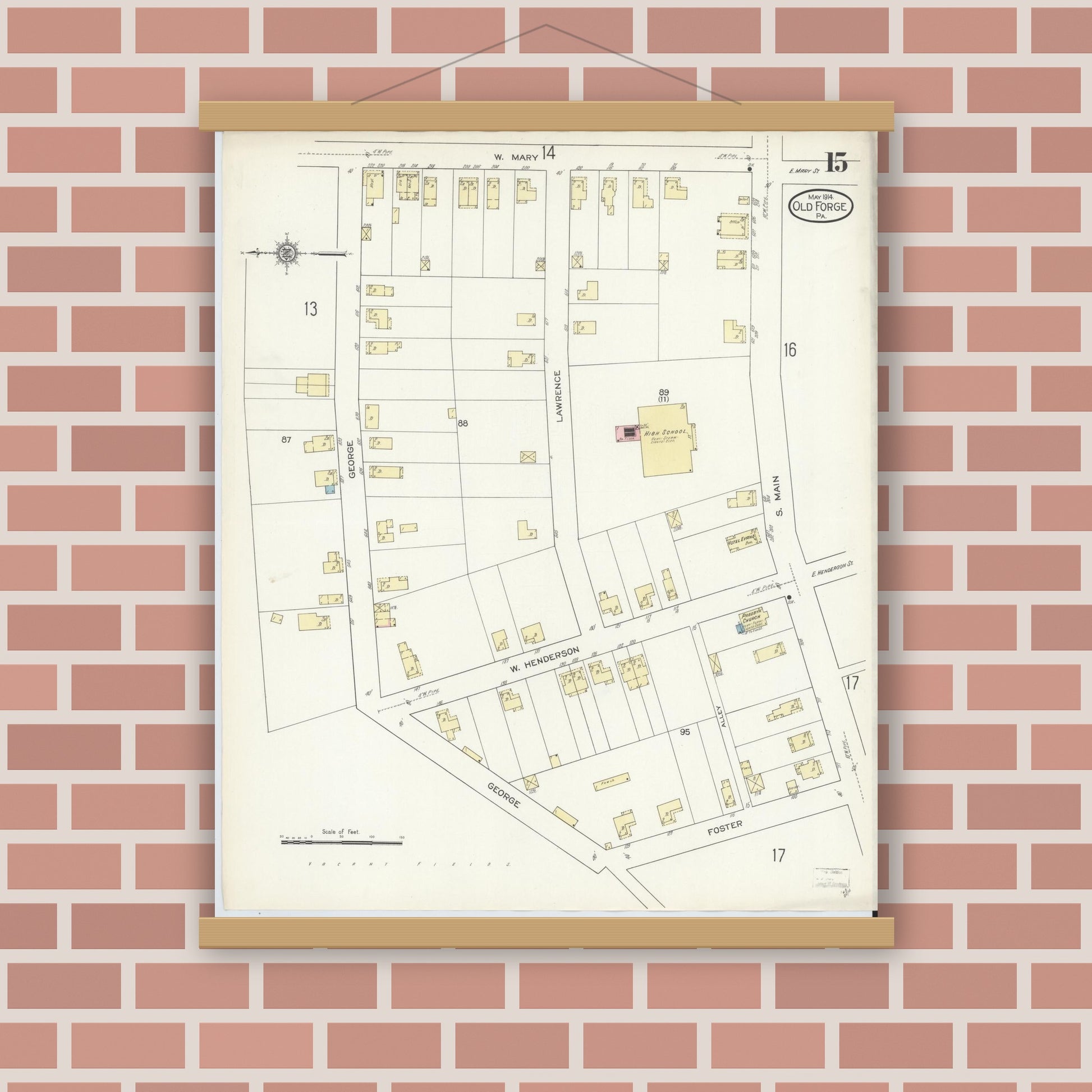 Old map wall art mockup — magnetic wood frame on brick wall — Sanborn Fire Insurance Map from Old Forge, Lackawanna County, Pennsylvania (1914), Sheet #0015