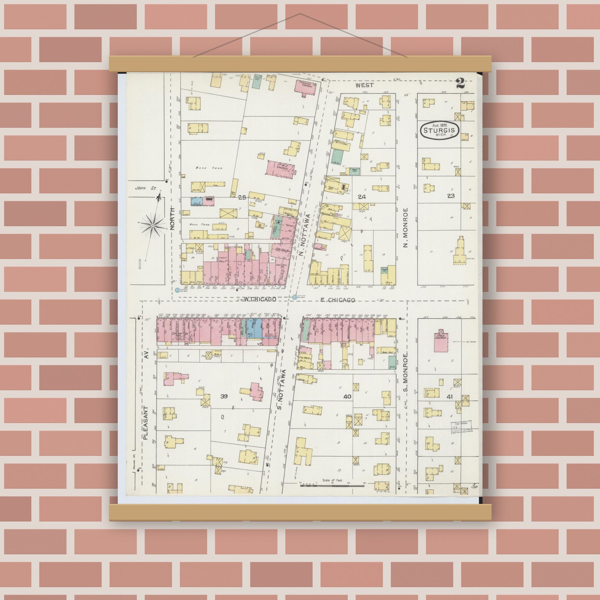 Old map wall art mockup — magnetic wood frame on brick wall — Sanborn Fire Insurance Map from Sturgis, Saint Joseph County, Michigan (1892), Sheet #0002