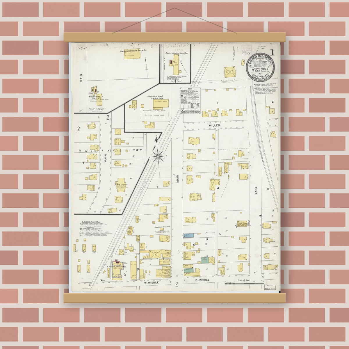 Old map wall art mockup — magnetic wood frame on brick wall — Sanborn Fire Insurance Map from Rosedale, Parke County, Indiana (1907), Sheet #0001