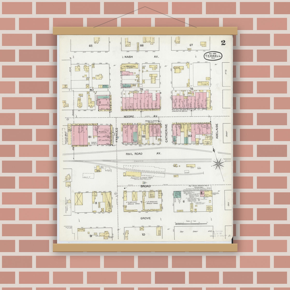 Old map wall art mockup — magnetic wood frame on brick wall — Sanborn Fire Insurance Map from Terrell, Kaufman County, Texas (1892), Sheet #0002