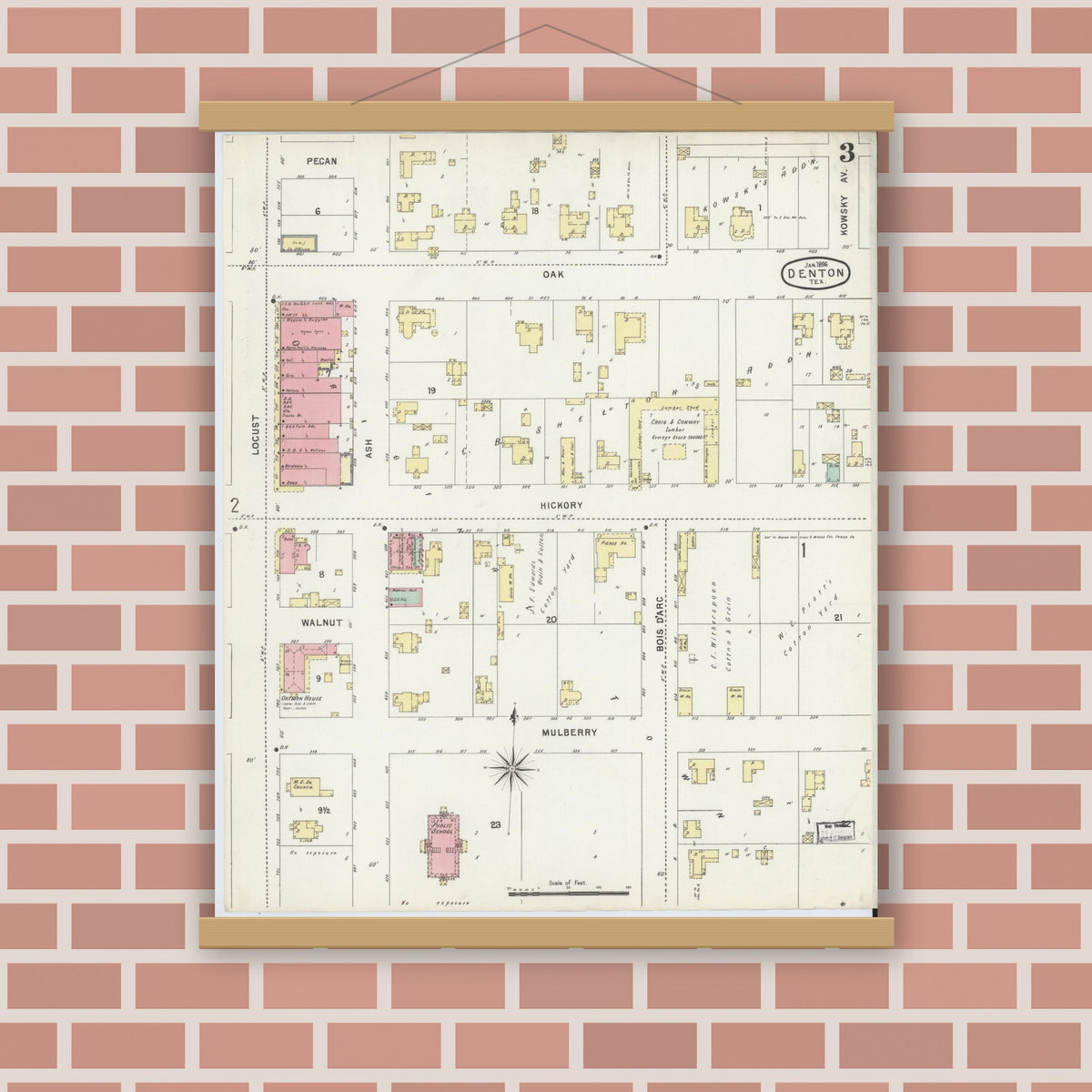 Old map wall art mockup — magnetic wood frame on brick wall — Sanborn Fire Insurance Map from Denton, Denton County, Texas (1896), Sheet #0003